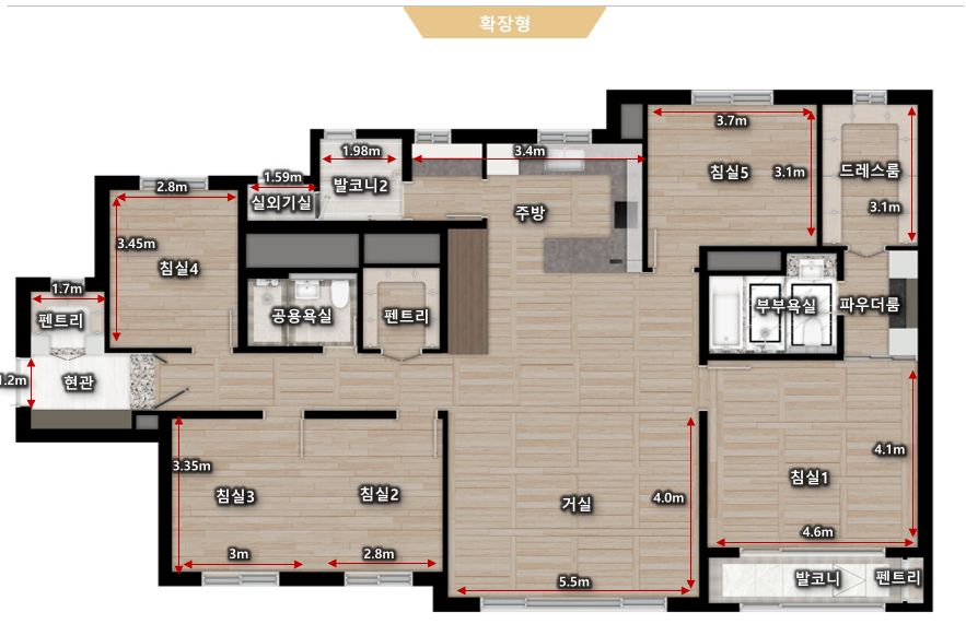 명지 에코델타시티 대방엘리움 3차 유니트2 — 안방 드레스룸과 팬트리 수납 강화형 설계, 실용성과 프리미엄이 조화된 구조
