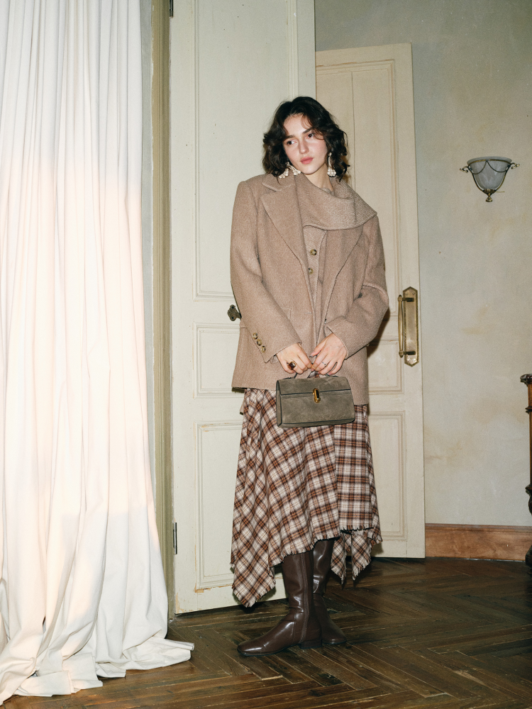 TOCL Vintage British Style Layered Wool Plaid Ruffles Half-Sleeve Skirt ...