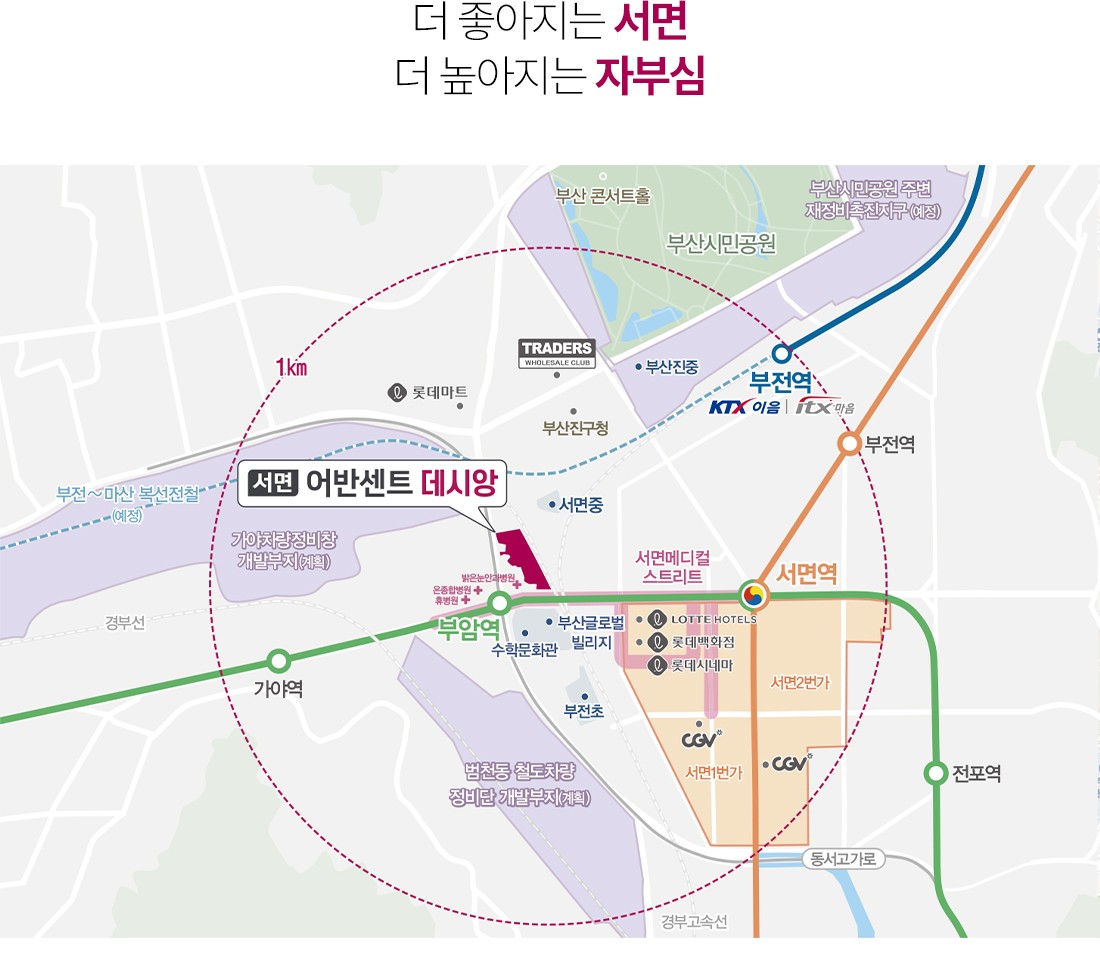 서면 어반센트 데시앙 입지환경 – 부산지하철 2호선 부암역 초역세권, 서면역·부전역 트리플 교통망과 인접한 서면 중심생활권 입지. 롯데백화점, 부산시민공원, 온종합병원 등 편리한 생활 인프라가 밀집된 핵심 위치.