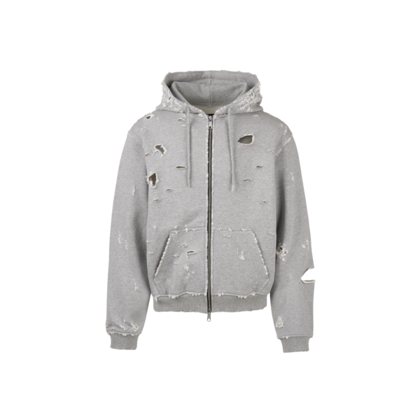 DISTRESSED HOODIE ZIPUP - GREY : EMOSTANCECLUB