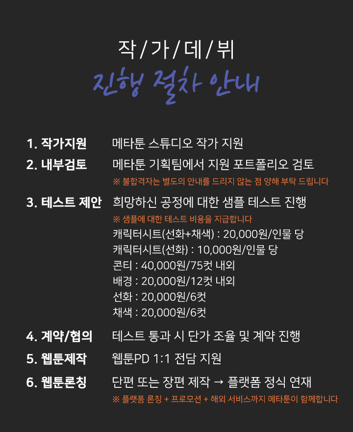 작/가/지/원 자주 묻는 Q&A 1. 작가지원 메타툰 스튜디오 작가 지원 완료 2. 내부검토 메타툰 기획팀에서 지원 포트폴리오 검토 ※ 불합격자는 별도의 안내를 드리지 않는 점 양해 부탁 드립니다. 3. 테스트 제안 희망하신 공정에 대한 샘플 테스트 진행 ※ 테스트에 대한 샘플 비용을 지급합니다 (비용 협의 불가) 콘티 : 50,000원/1화 선화 : 10,000원/인물 당 (캐릭터시트) 채색 : 20,000원/6컷 4. 계약/협의 테스트 통과 시 단가 조율 및 계약 진행 5. 웹툰제작 메타툰 베테랑 웹툰PD 1:1 전담 지원 6. 웹툰론칭 3화~20화 투고 → 플랫폼 정식 연재 ※ 플랫폼 론칭, 프로모션 + 해외 서비스까지 메타툰이 함께합니다