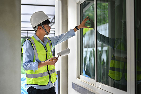 건물의 엘리베이터 문을 점검하는 작업자