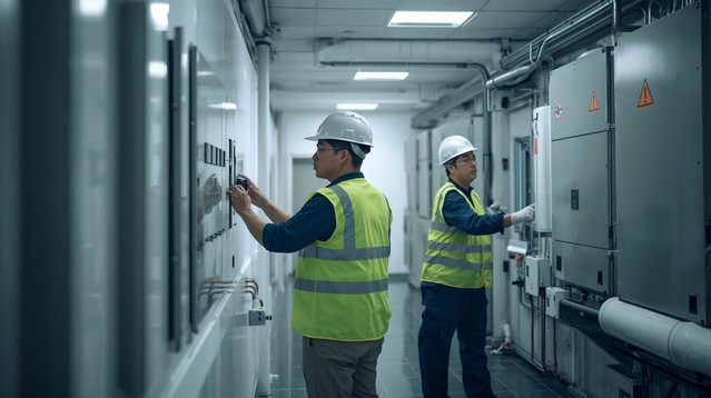 <alt=작업자가 설비 패널을 점검하는 모습>