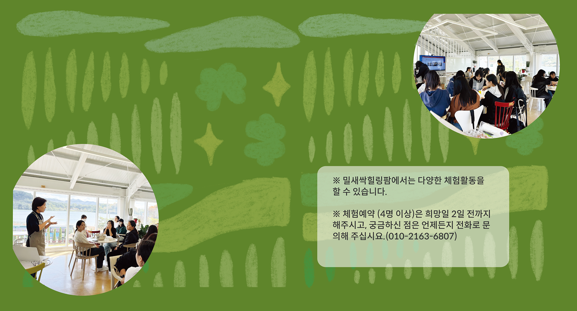 <div style="position: absolute; top: 5%; left: 5%; color: #E6D53C; font-size: clamp(14px, 1.5vw, 28px); font-weight: bold;">● 체험&치유농장</div>