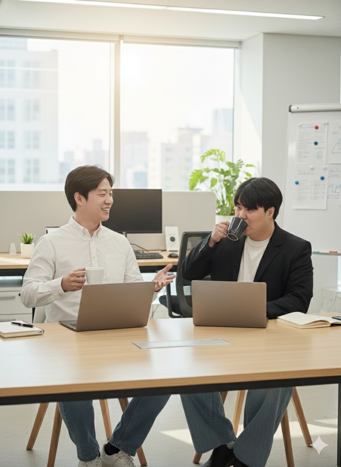 노트북으로 함께 일하는 팀원들