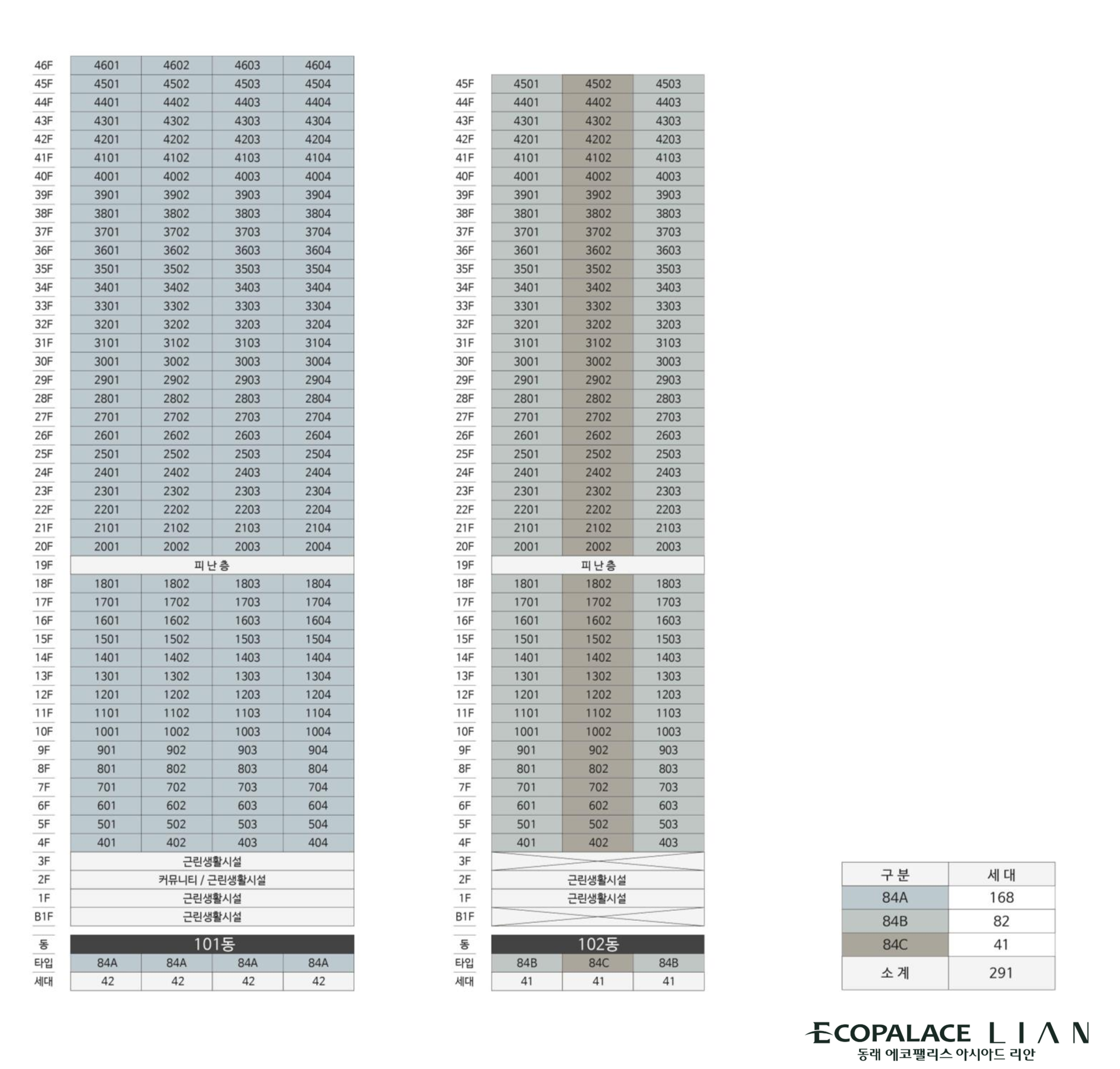 동래 에코팰리스 아시아드 리안 동호수 배치도 안내 이미지