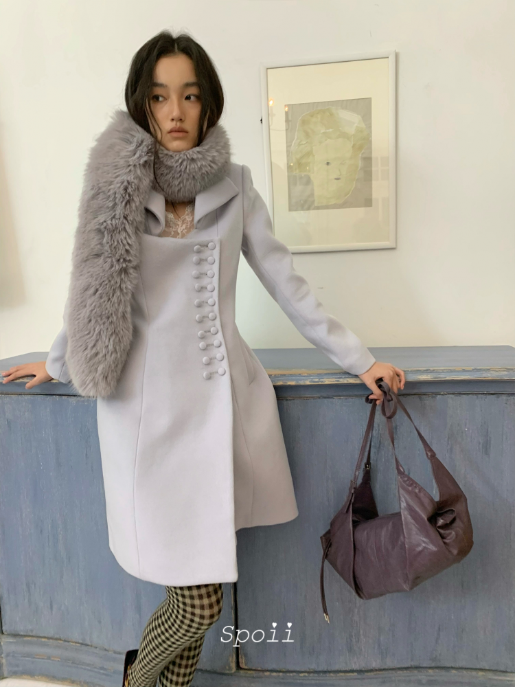 SPO Gray-Blue Collar Low Collar Slim Fit Long Wool Blend French Coat ...