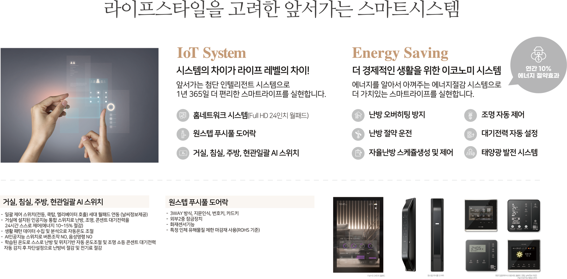 동래 에코팰리스 아시아드 리안 시스템 안내 이미지, 보안·편의·에너지 절감 등 스마트 주거 시스템 구성을 소개한 자료