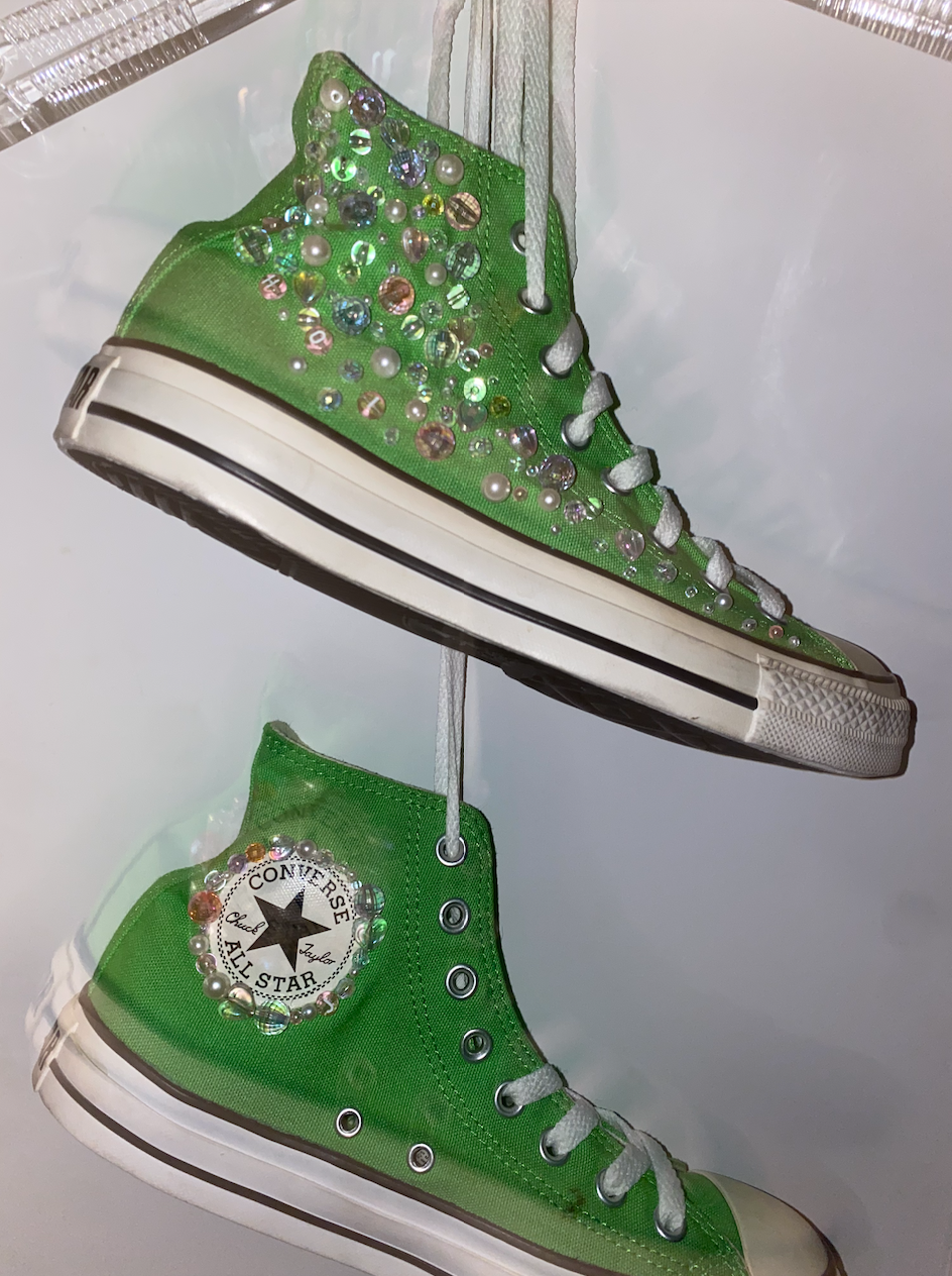 <br><h4>Disco Bubble / Green Frame</h4> A hand-sewn reconstruction in vintage beads and vintage embellishment on a vintage Converse base.