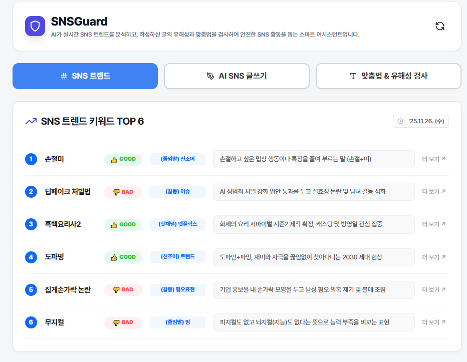 SNS 트렌드 키워드와 관련 아이디어를 제공합니다.