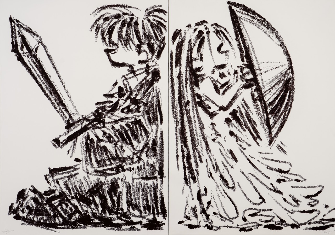 #companion_m, #companion_w 2025, 종이에 볼펜, 볼펜 잉크, 102.5 x 145cm (each)