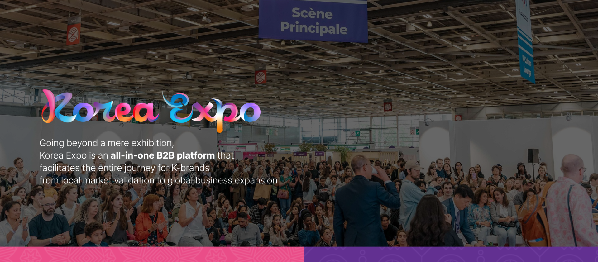 Korea Expo hero banner: audience gathered at the main stage in Paris venue with the “Korea Expo” logo 