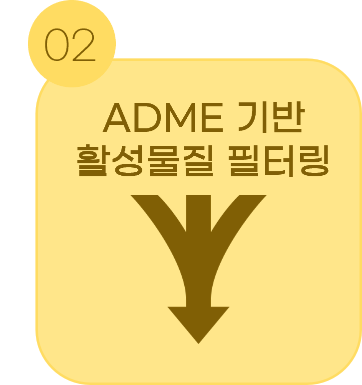 <p style="font-size: 16px; font-weight: 700; margin: 0px 0px 10px; text-align: center; line-height: 1;"><span style="font-size: 16px;">STEP 2. ADME 필터링</span></p>  <p style="font-size: 14px; line-height: 1; margin: 0px; text-align: center;"><span style="font-size: 14px;">TCMSP 및 관련 DB에서 후보 화합물을 수집하고 OB, DL 등 ADME 기준을 적용하여 활성 화합물 리스트를 도출합니다.</span></p>