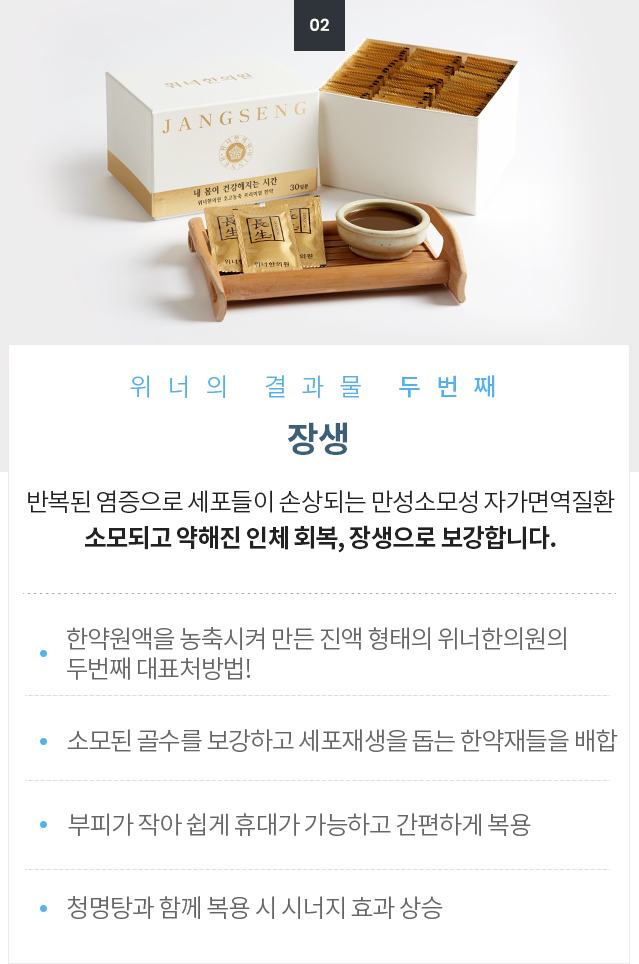 <div id="title">     <p>위너의 결과물 두번째</p>  <p>장생</p> <p>반복된 염증으로 세포들이 손상되는 만성소모성 자가면역질환 소모되고 약해진 인체 회복, 장생으로 보강합니다.</p>     </div>   <div id="txt">   <p>한약원액을 농축시켜 만든 진액 형태의 위너한의원의 두번째 대표처방법!</p> <p>소모된 골수를 보강하고 세포재생을 돕는 한약재들을 배합</p>  <p>부피가 작아 쉽게 휴대가 가능하고 간편하게 복용</p>   <p> 청명탕과 함께 복용 시 시너지 효과 상승</p>   </div>