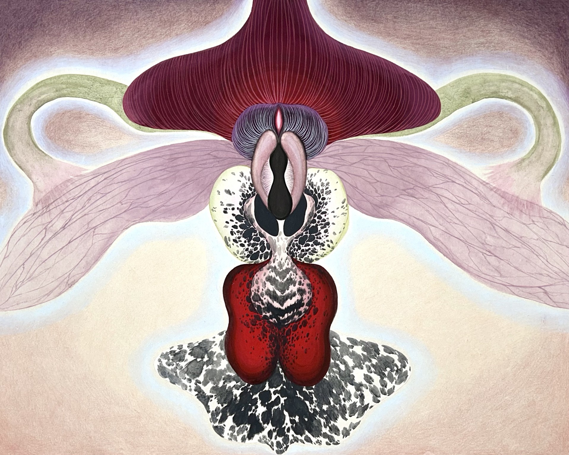 그 몸은 성실하고도 유연하게 파괴되고(A Body, Faithfully and Flexibly Destroyed), 2025, 장지에 분채, 석채, 색연필(Pigment, Mineral Pigment, Color Pencil on Korean paper), 73 × 91cm