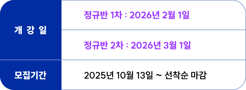 <p>개강일 : <br>정규선행반 - 2026년 1월 6일 <br>정규반 - 2026년 2월 23일<br>모집기간 : 2025년 10월 13일부터 선착순 마감</p>