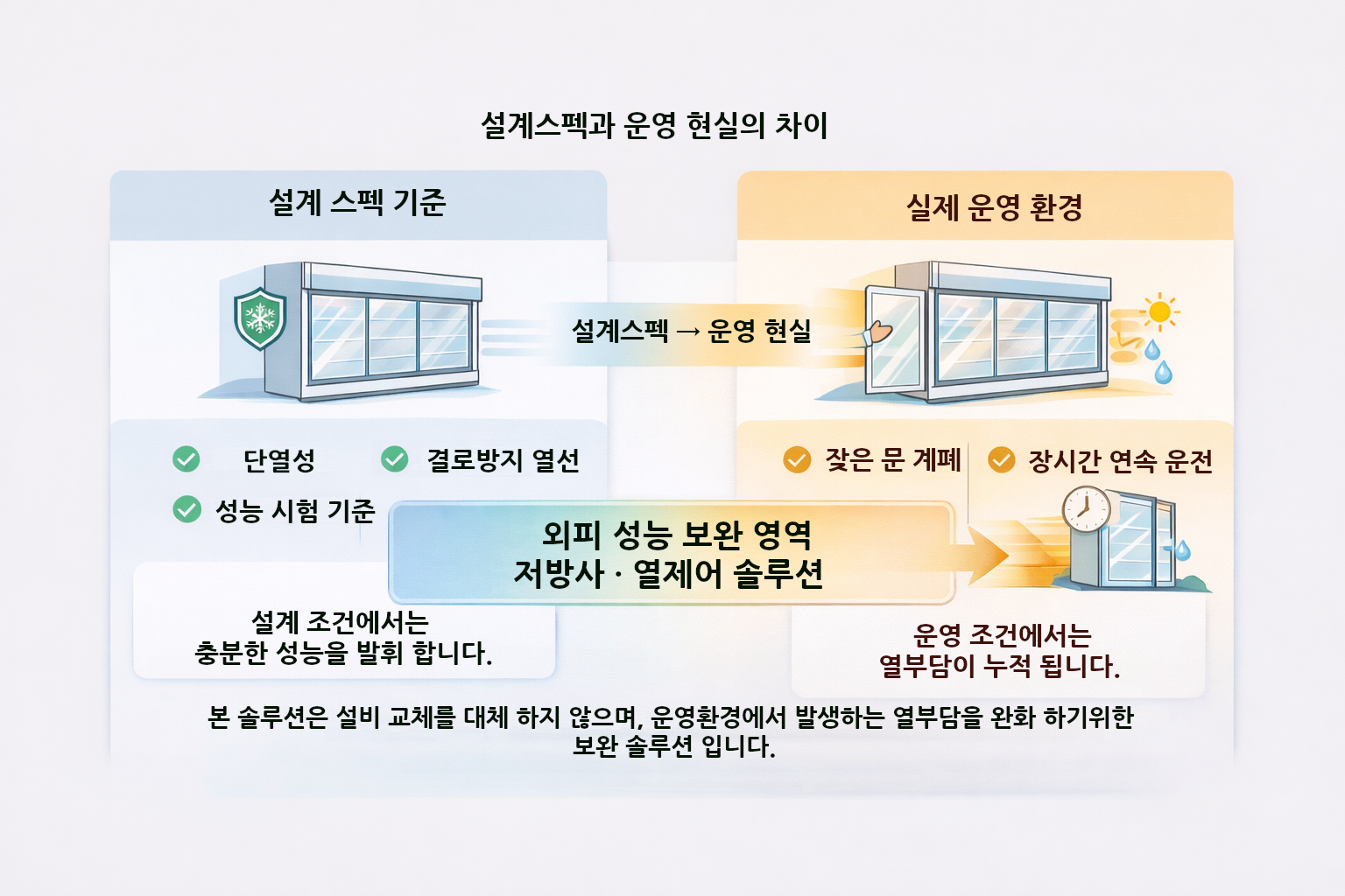 alt="냉동 쇼케이스 운영 환경에서 발생하는 열부하와 외피 성능 보완 개념도"