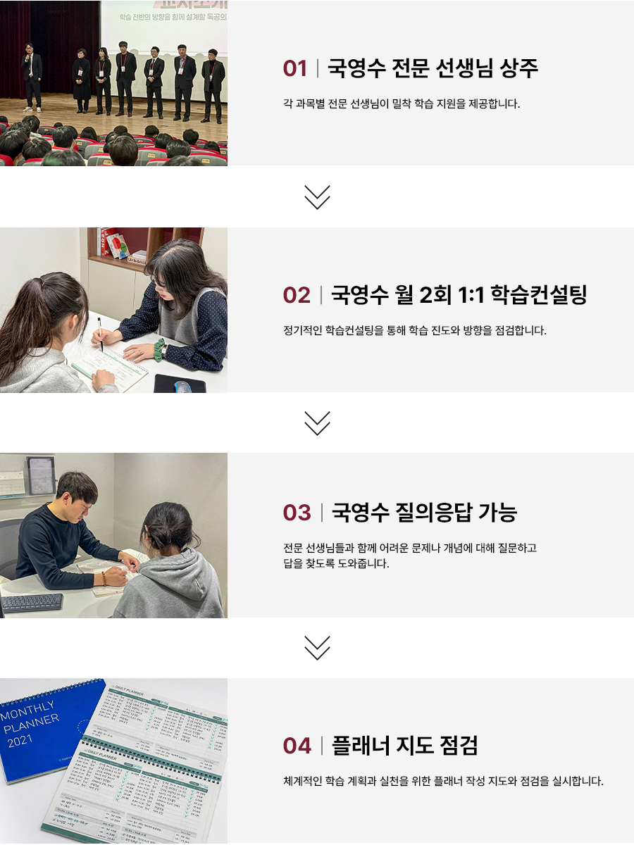 독공바른학습관의 학습 시스템에 관련된 이미지 입니다. 1. 국영수 전문 선생님 상주 2. 국영수 월 2회 1:1 학습컨설팅 3. 국영수 질의응답 가능 4. 플래너 지도 점검