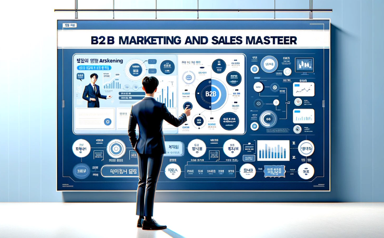 대형 데이터 대시보드를 활용해 B2B 세일즈 전략을 설명하는 프레젠테이션 장면