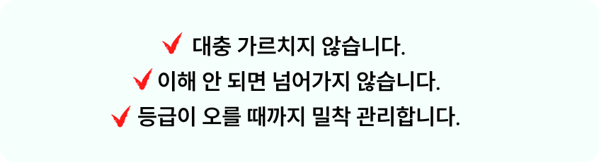 <p>대충 가르치지 않습니다. 이해 안 되면 넘어가지 않습니다. 등급이 오를 때까지 밀착 관리합니다.</p>
