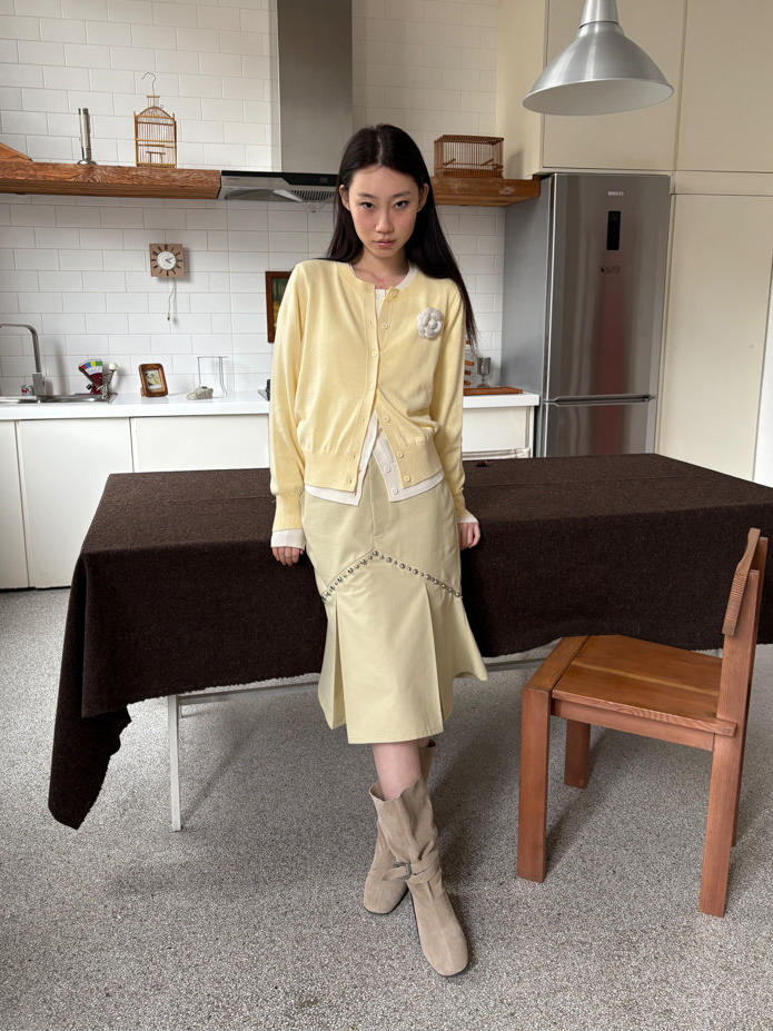Round Neck Wool Knit Relaxed Casual Solid Color Base Cardigan : 니에 nieh