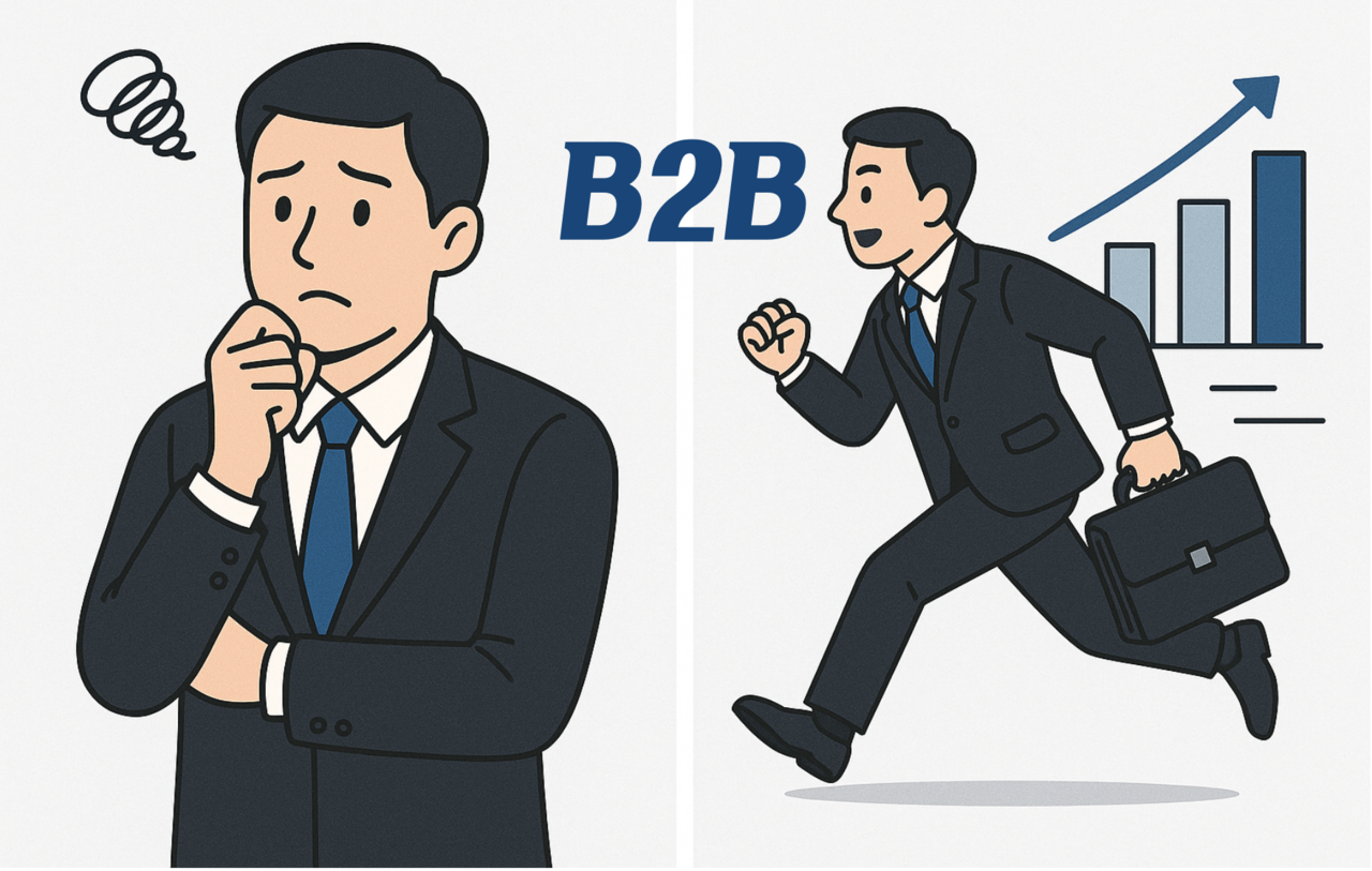 B2B 세일즈 조직의 역량강화가 성과 향상으로 이어지는 과정을 나타낸 일러스트