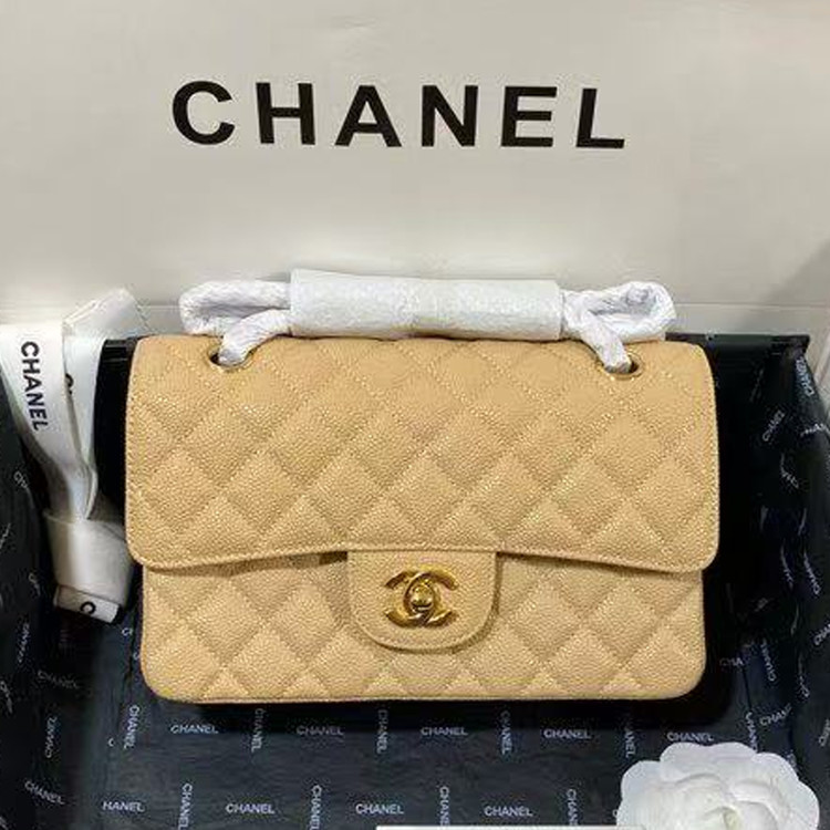 샤넬 클래식  스몰 카프스킨 베이지 골드