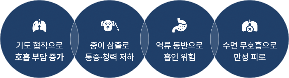 <div><p>기도 협착으로 호흡 부담 증가</p><p>중이 삼출로 통증·청력 저하</p><p>역류 동반으로 흡인 위험</p><p>수면 무호흡으로 만성피로</p></div>