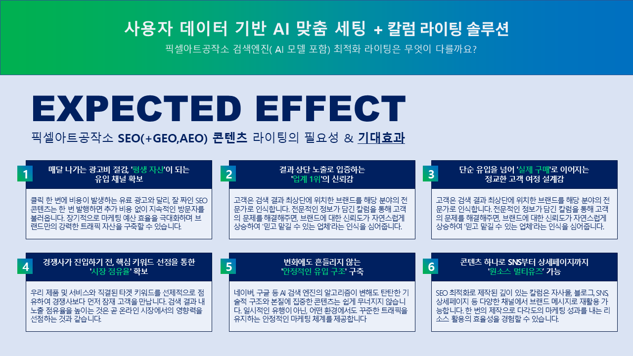 픽셀아트공작소 SEO,AEO,GEO 최적화서비스장점