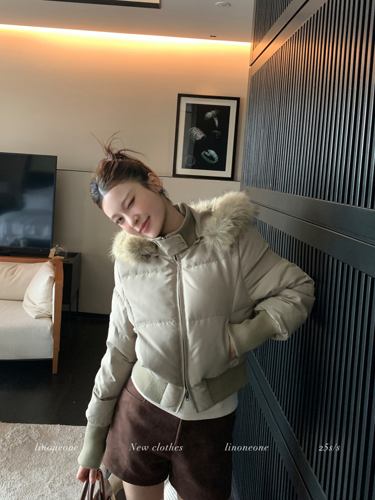 LIN Weekend Green Eco-Friendly Large Fleece Collar Down Jacket : 프티베 ...