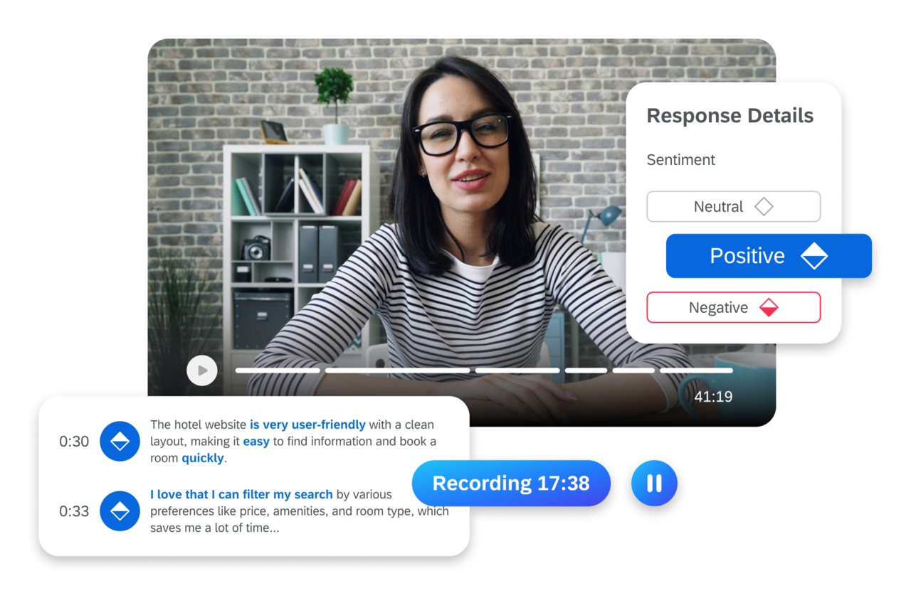 퀄트릭스(Qualtrics)의 오디오 응답 감정분석을 보여주는 이미지입니다.