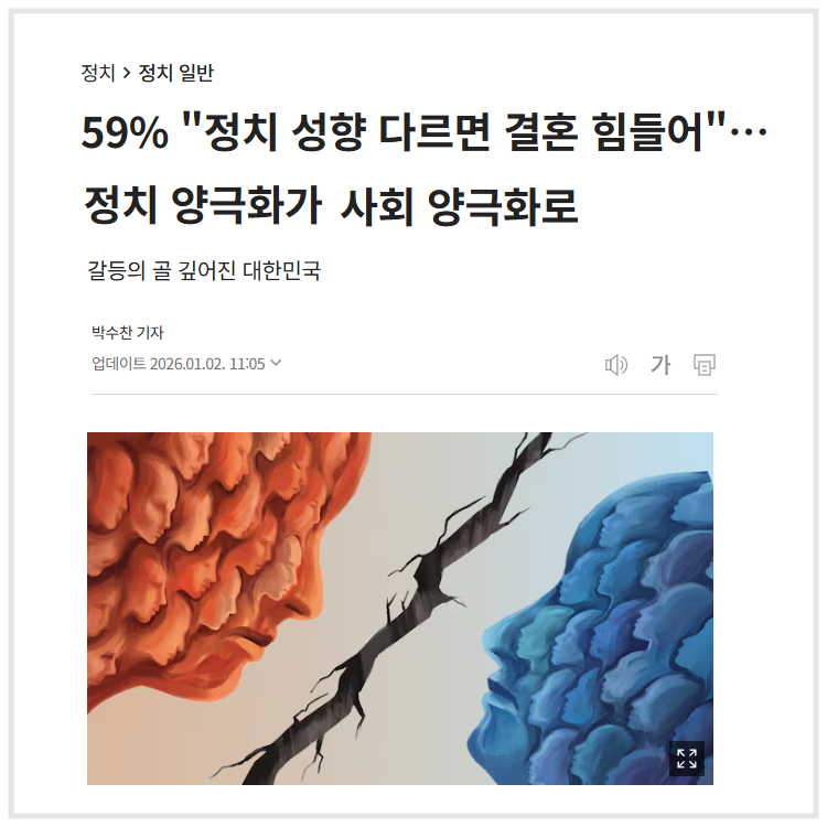 "59% "정치 성향 다르면 결혼 힘들어" ... 정치 양극화가 사회 양극화로" (조선일보, 2026.01.02)