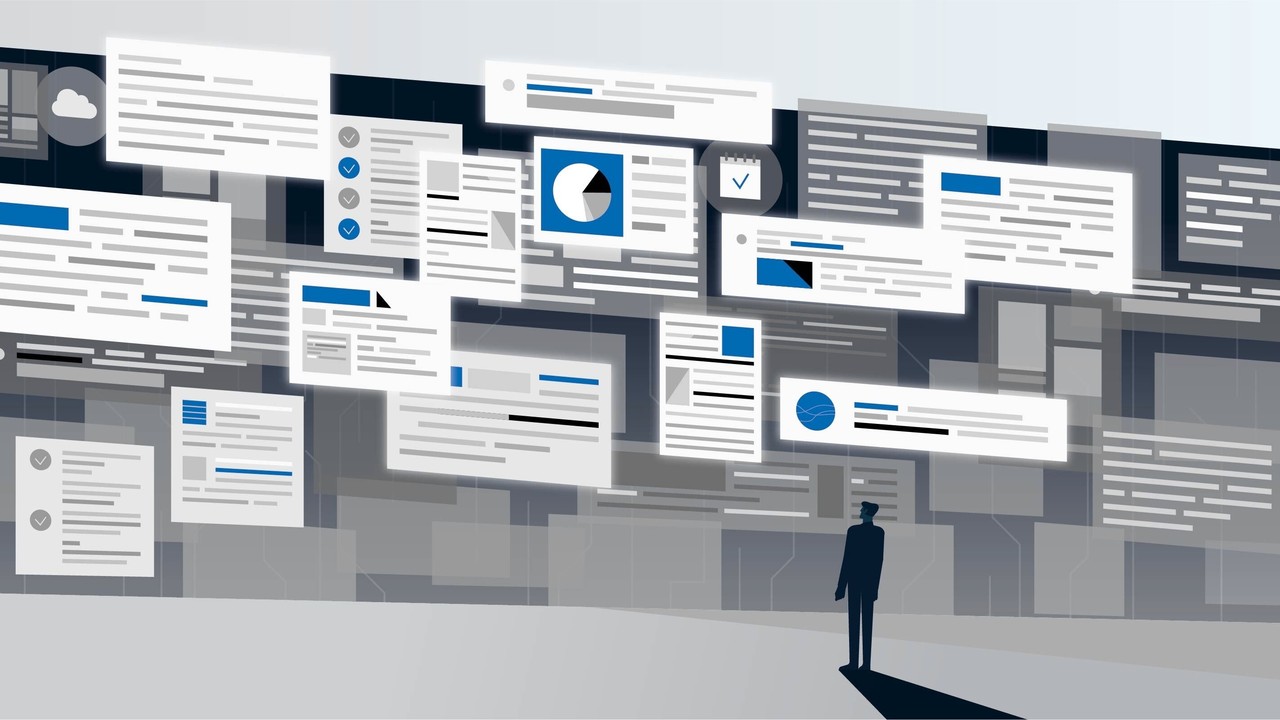 복잡한 정보 화면 앞에서 많은 사람들이 정보 접근의 어려움을 겪고 있는 정보 장벽을 표현한 이미지