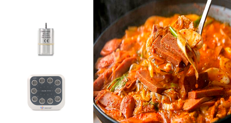 사용장비는 TS-PM이며, 부대찌개 재료인 묵은지와 햄의 멸균 온도 데이터 (121도, 90도) 및 F0값 측정을 위해 구매