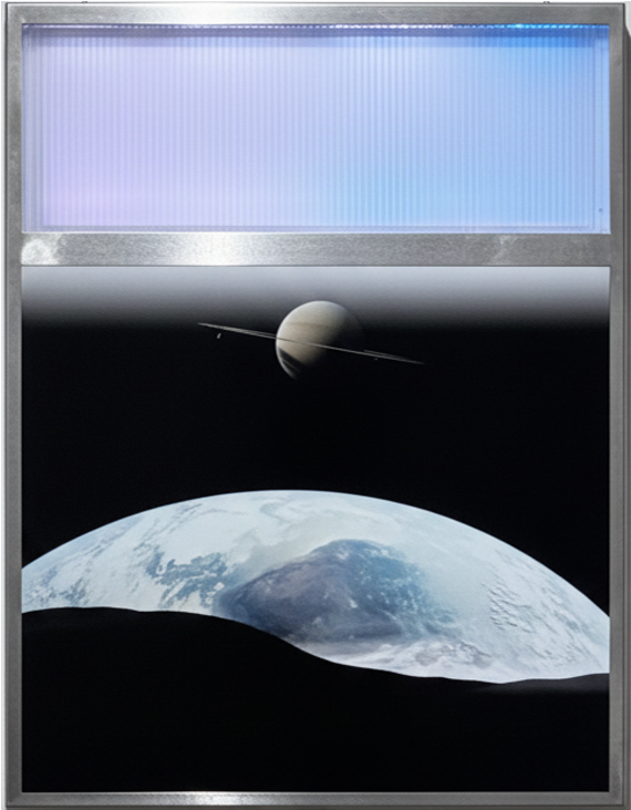 로칸킴 ROKKANKIM, Light of space race 1, 2026, LED light, LED dimmer, steel frame, PC, pigment print, 60.5x80.5x6cm