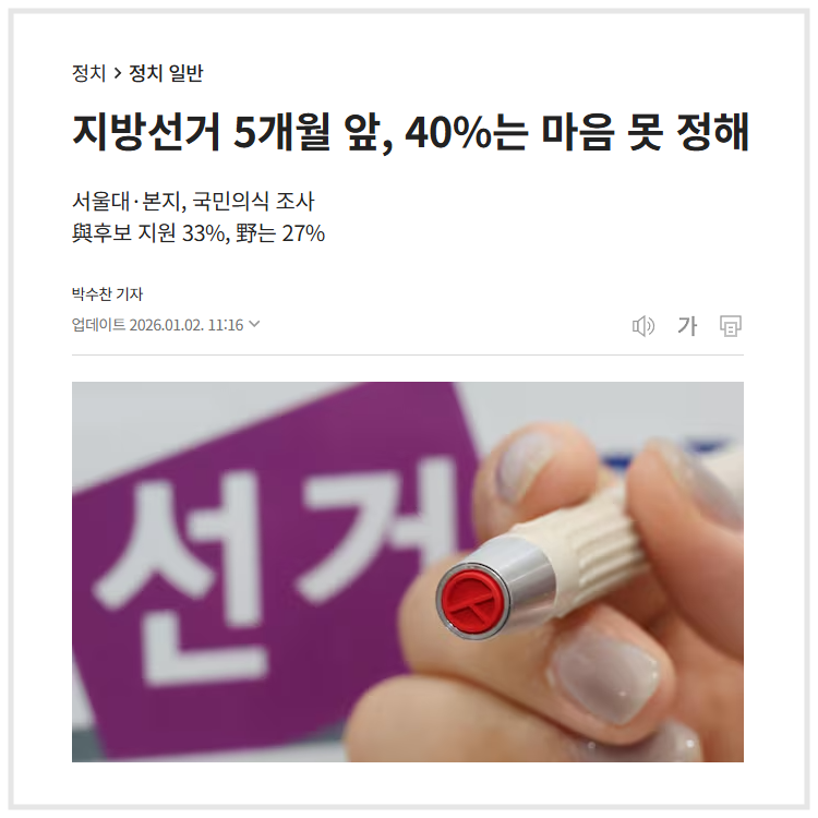 "지방선거 5개월 앞, 40%는 마음 못정해" (조선일보, 2026.01.02)