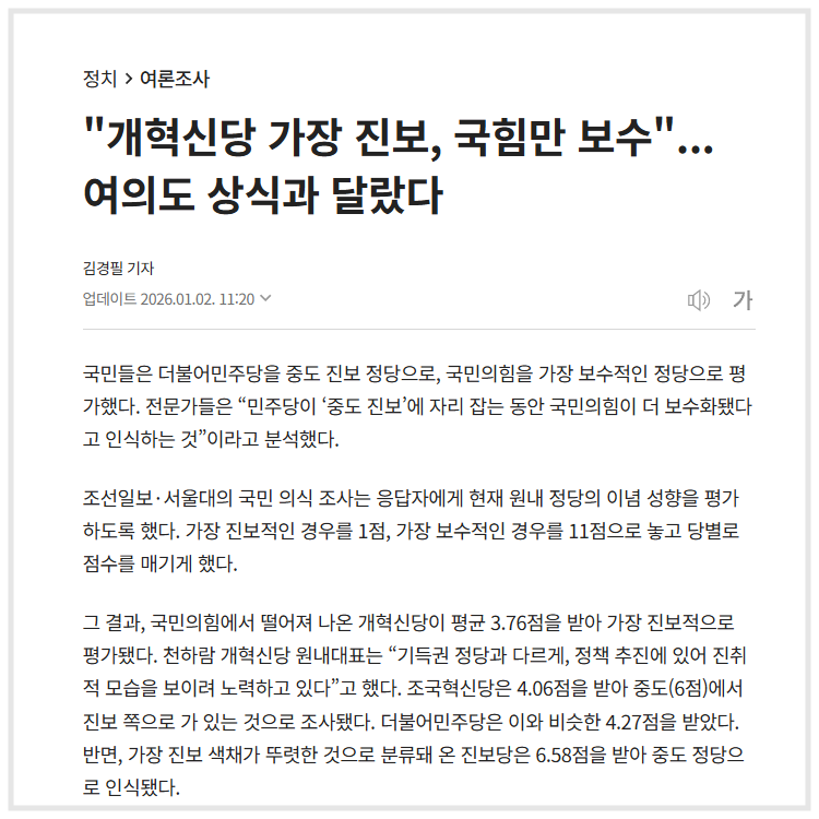 ""개혁신당 가장 진보, 국힘만 보수"... 여의도 상식과 달랐다" (조선일보, 2026.01.02)