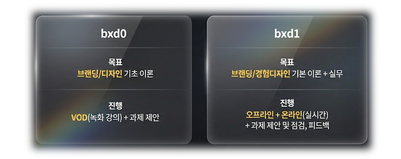 bxd0와 bxd1 과정 비교 이미지, 기초 이론 중심 VOD 강의와 실시간 온오프라인 실무 과정의 차이를 명확히 보여주는 교육 구성
