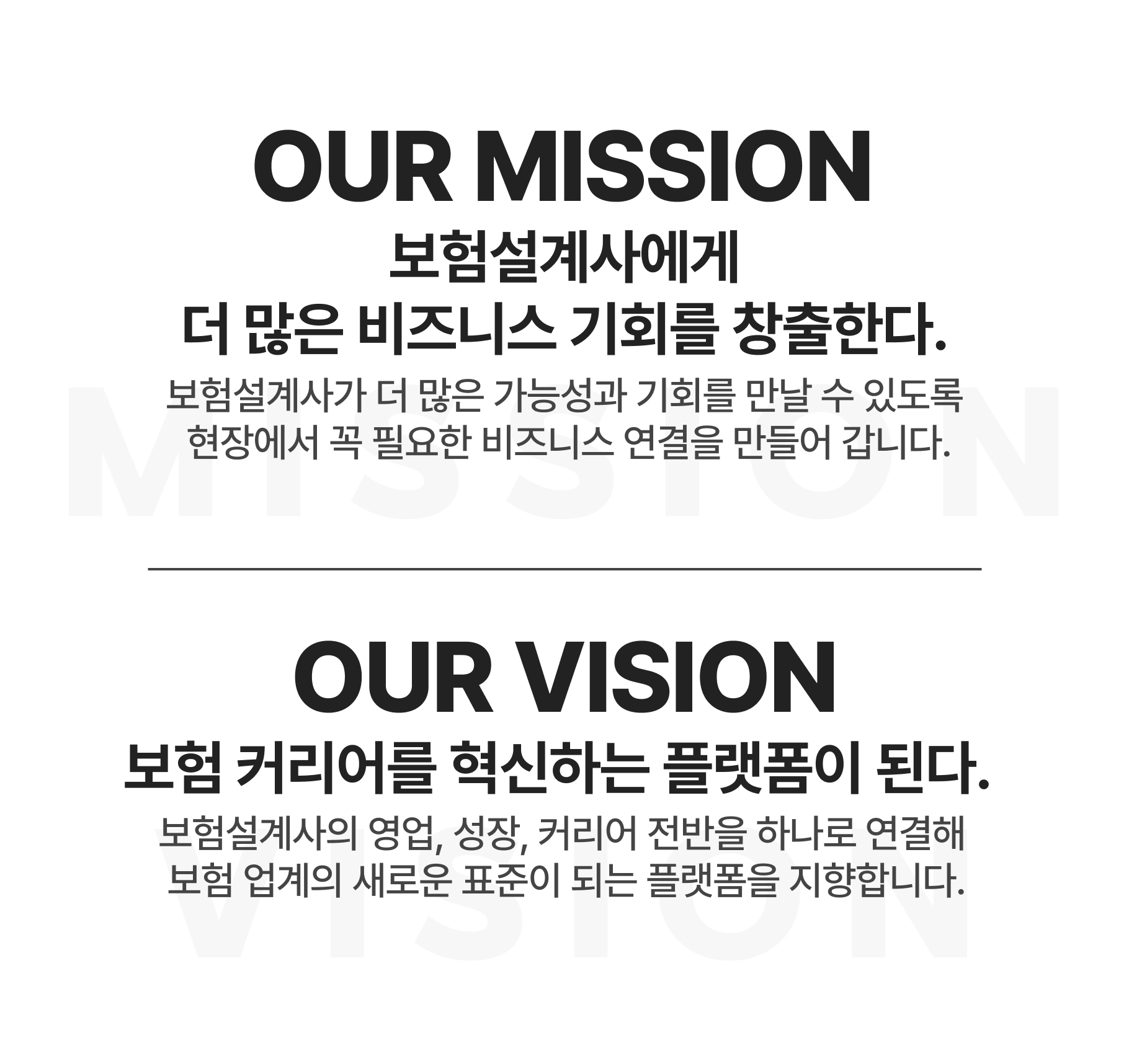 이 이미지는 커넥트앤의 비전(OUR VISION)과 미션(OUR MISSION)을 소개하는 그래픽입니다.  OUR VISION: "갈 곳없는 보험설계사와 니즈 있는 고객을 연결한다."라는 문구와 함께, 지인영업의 한계와 비효율적인 고객 발굴 문제를 커넥트앤이 해결한다는 설명이 포함되어 있습니다.  OUR MISSION: "보험 영업을 혁신하는 플랫폼이 된다."라는 문구와 함께, 보험설계사라면 누구나 아는 플랫폼, DB영업하면 가장 먼저 떠오르는 플랫폼, 영업 성공을 돕는 동반자가 되는 플랫폼이 된다는 내용을 담고 있습니다.