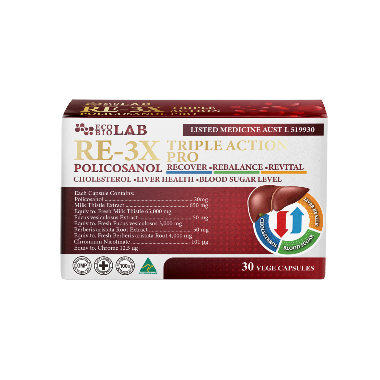 Australian Made RE-3X Pro Policosanol - Triple Action Formula for Cholesterol, Liver, and Blood Sugar Level
