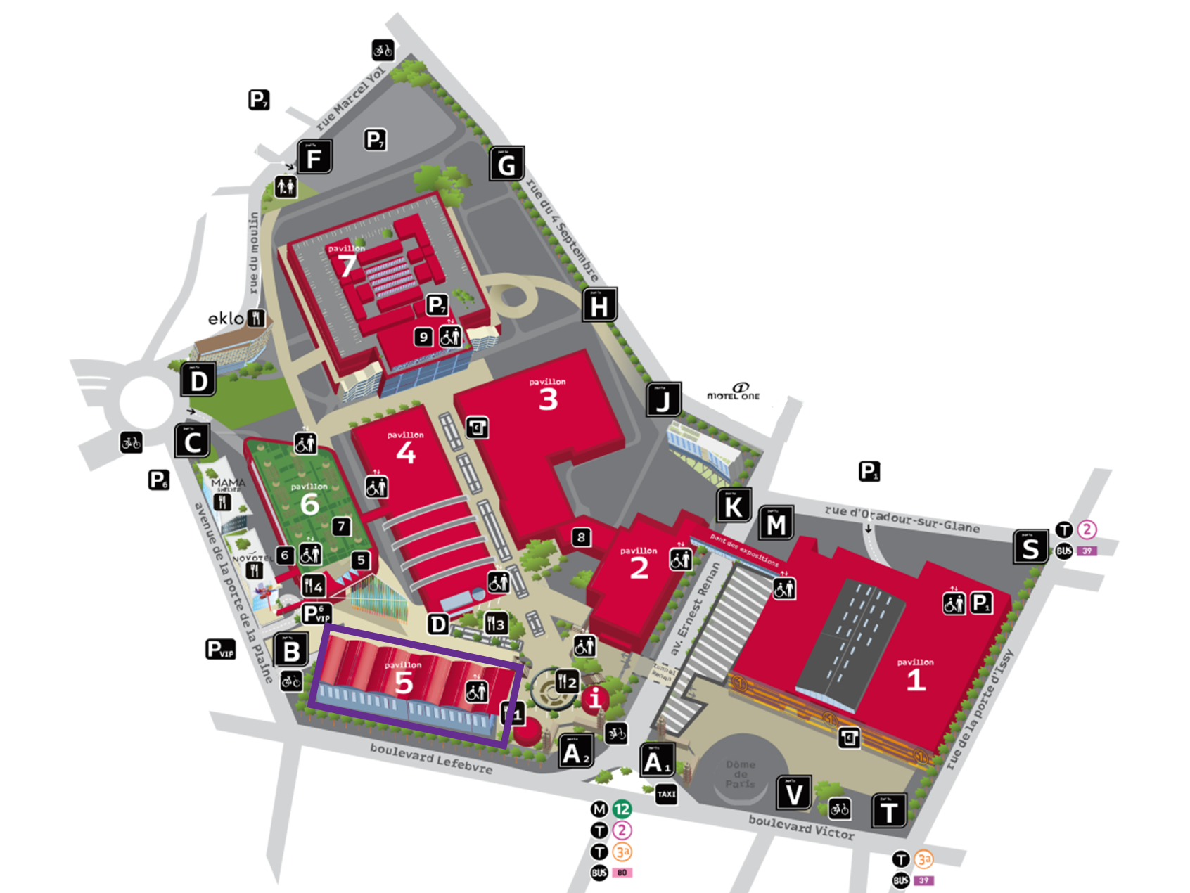 Map of the Paris Expo Porte de Versailles, indicating the location of Pavilion 5 where the Korea Expo takes place