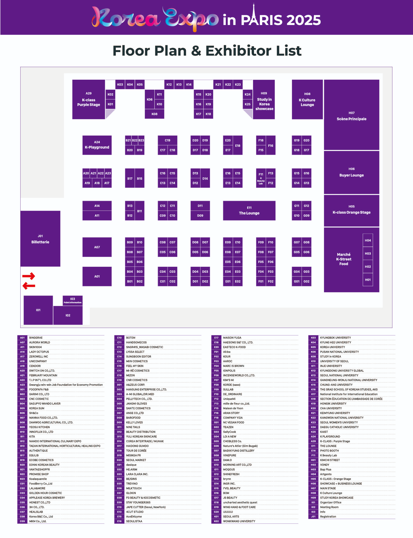 Map of the Korea Expo in Paris 2025, showing the layout of exhibitor booths and main areas, including the Main Stage, K-Street Food Market, K-Playground, and lounges for buyers and K culture