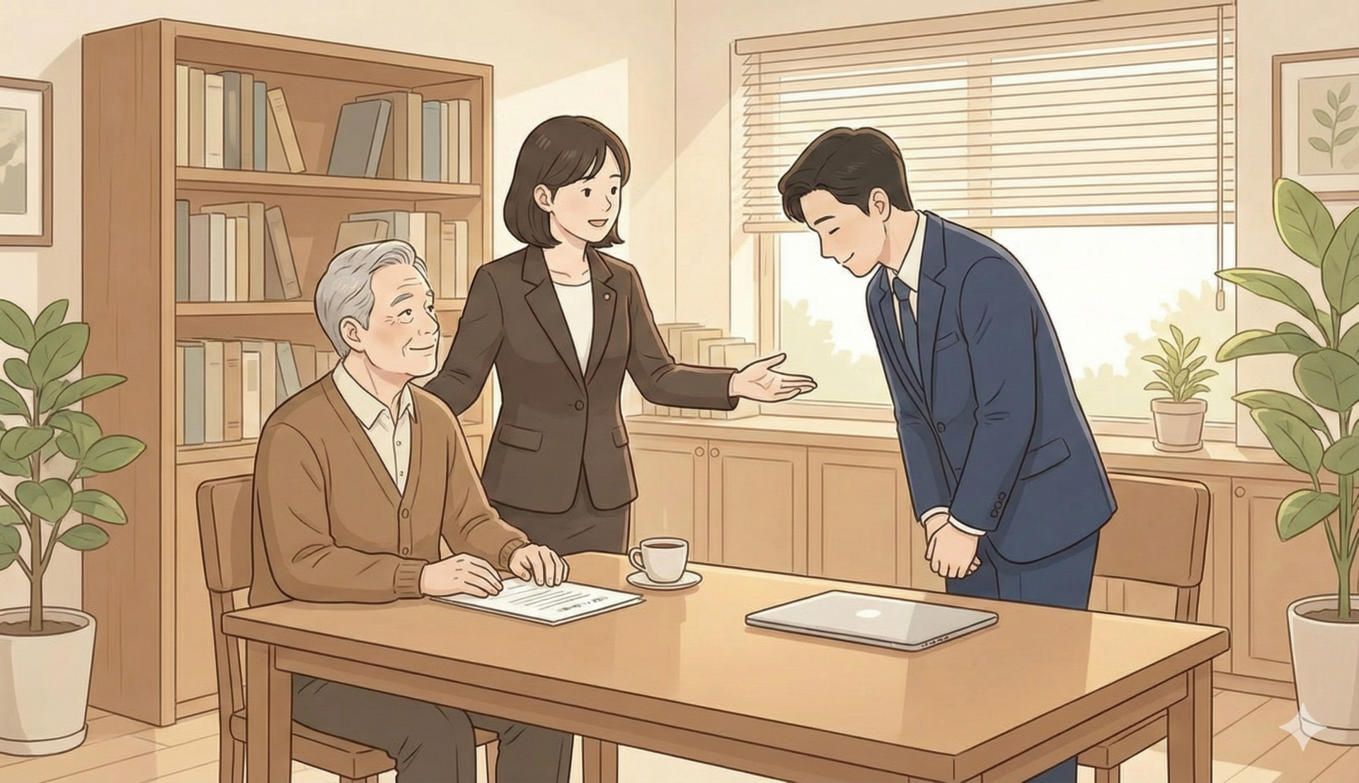 자녀와 함께 자산관리에 대한 상담을 받는 60대 어르신의 모습