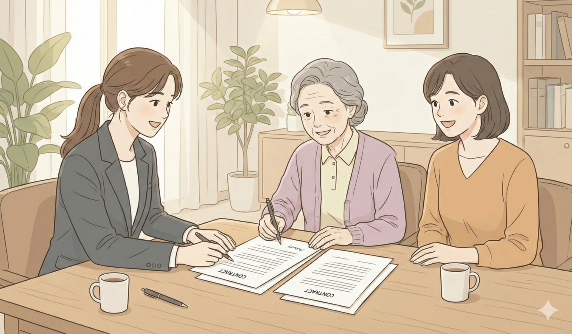 자녀와 함께 자산관리에 대한 상담을 받는 60대 어르신의 모습