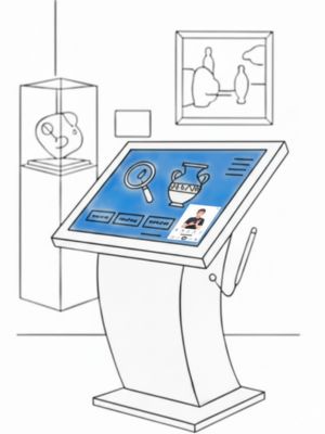 박물관과 전시관에서 전시 설명과 관람 안내를 수어로 제공하는 EQ4ALL 수어통 키오스크 적용 사례 이미지