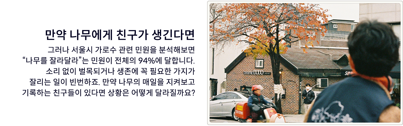 만약 나무에게 친구가 생긴다면. 그러나 서울시 가로수 관련 민원을 분석해보면 “나무를 잘라달라”는 민원이 전체의 94%에 달합니다. 소리 없이 벌목되거나 생존에 꼭 필요한 가지가 잘리는 일이 빈번하죠. 만약 나무의 매일을 지켜보고 기록하는 친구들이 있다면 상황은 어떻게 달라질까요?