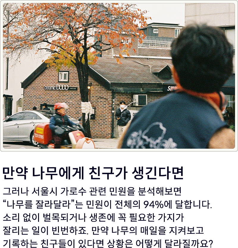 만약 나무에게 친구가 생긴다면. 그러나 서울시 가로수 관련 민원을 분석해보면 “나무를 잘라달라”는 민원이 전체의 94%에 달합니다. 소리 없이 벌목되거나 생존에 꼭 필요한 가지가 잘리는 일이 빈번하죠. 만약 나무의 매일을 지켜보고 기록하는 친구들이 있다면 상황은 어떻게 달라질까요?