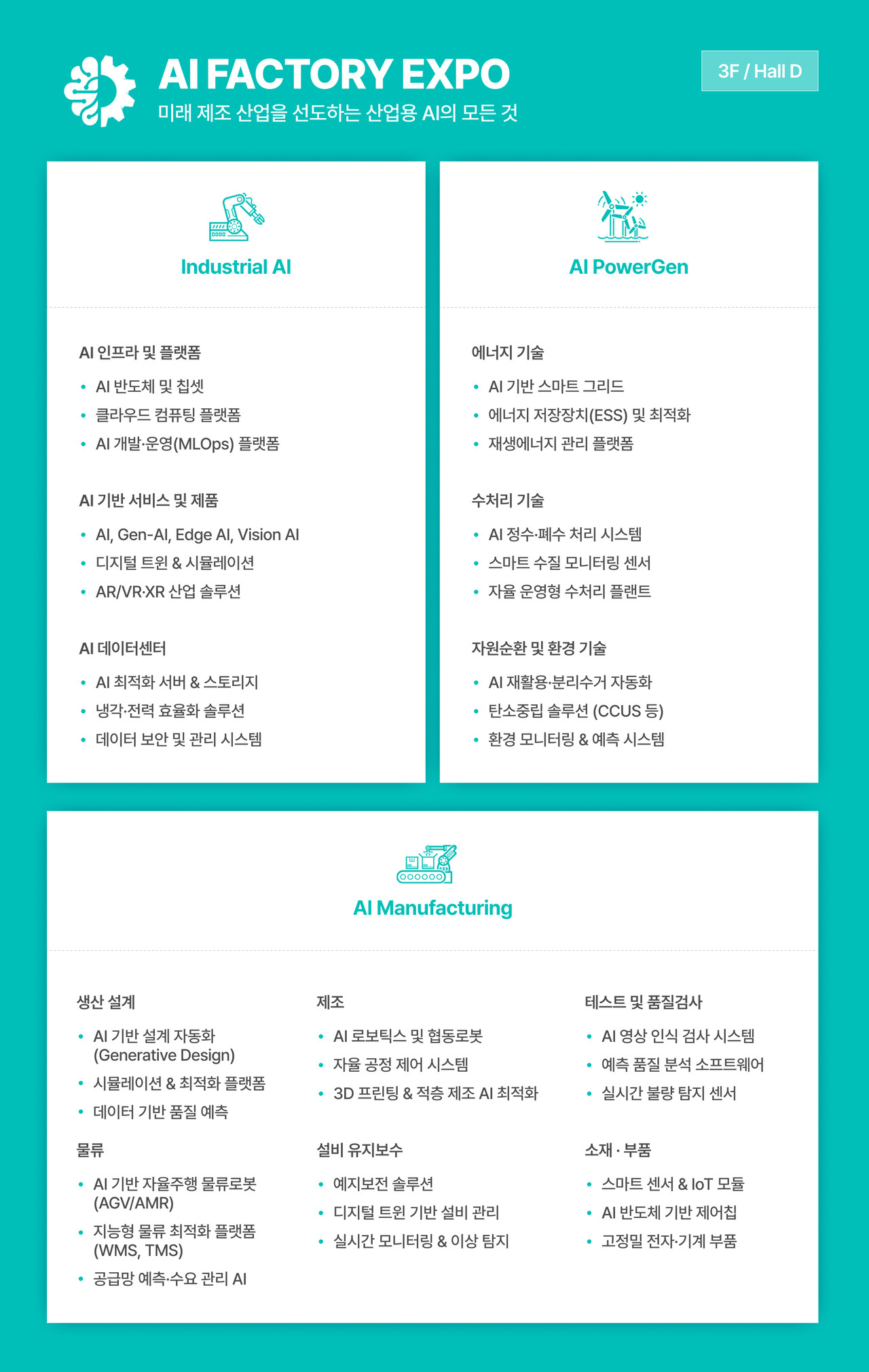 AI FACTORY EXPO 행사 안내 이미지 - Industrial AI, AI PowerGen, AI Manufacturing(생산 설계, 제조, 테스트, 물류 등)을 포함한 미래 제조 산업 선도 산업용 AI의 모든 것 소개 (장소: 3F / Hall D)
