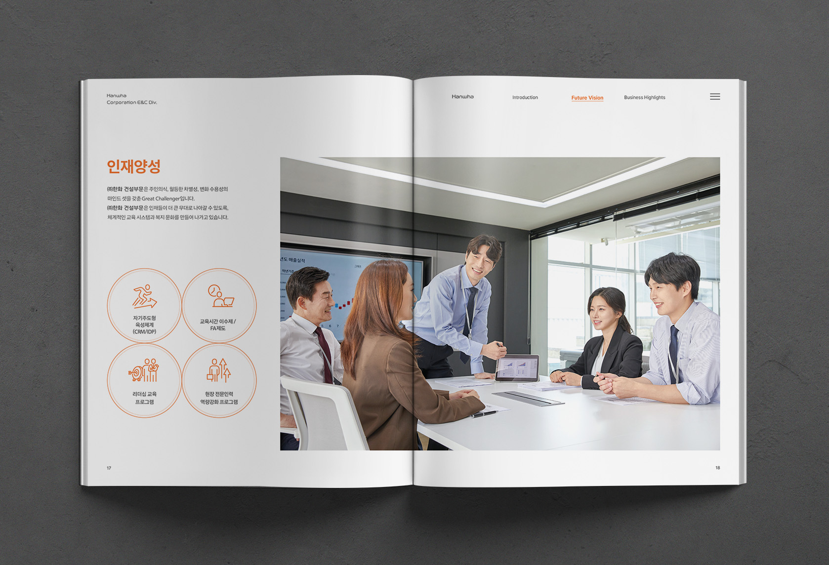 한화 건설부문 기업 브로슈어 주요 사업 내지 레이아웃 디자인 01