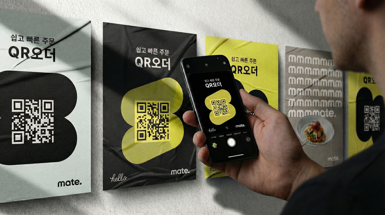 메이트 QR오더 포스터의 QR코드를 스캔하여 주문을 시도하는 손님